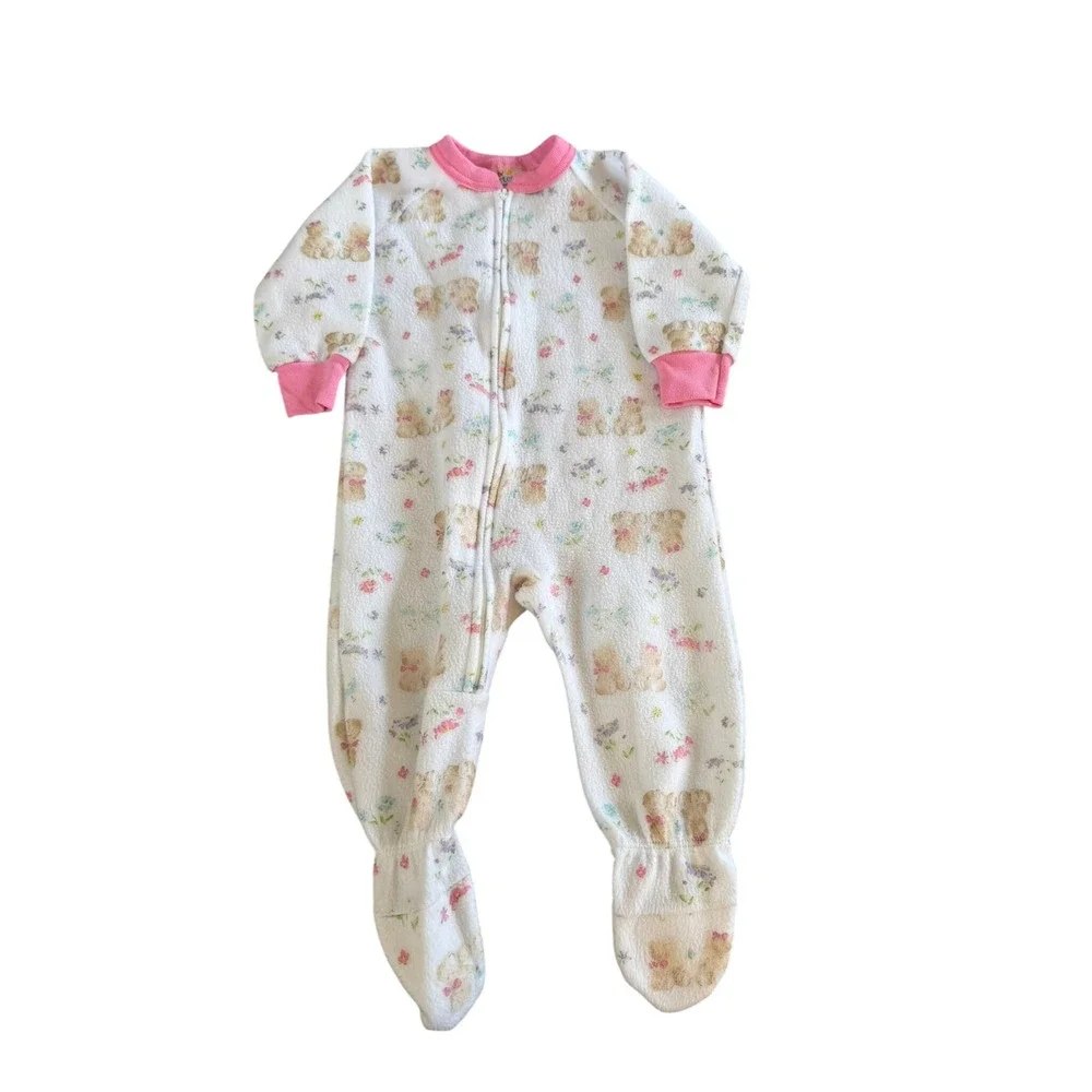 1999 Vintage Carters 18M Fleece Floral Teddy Bear Pattern Footed Sleeper
